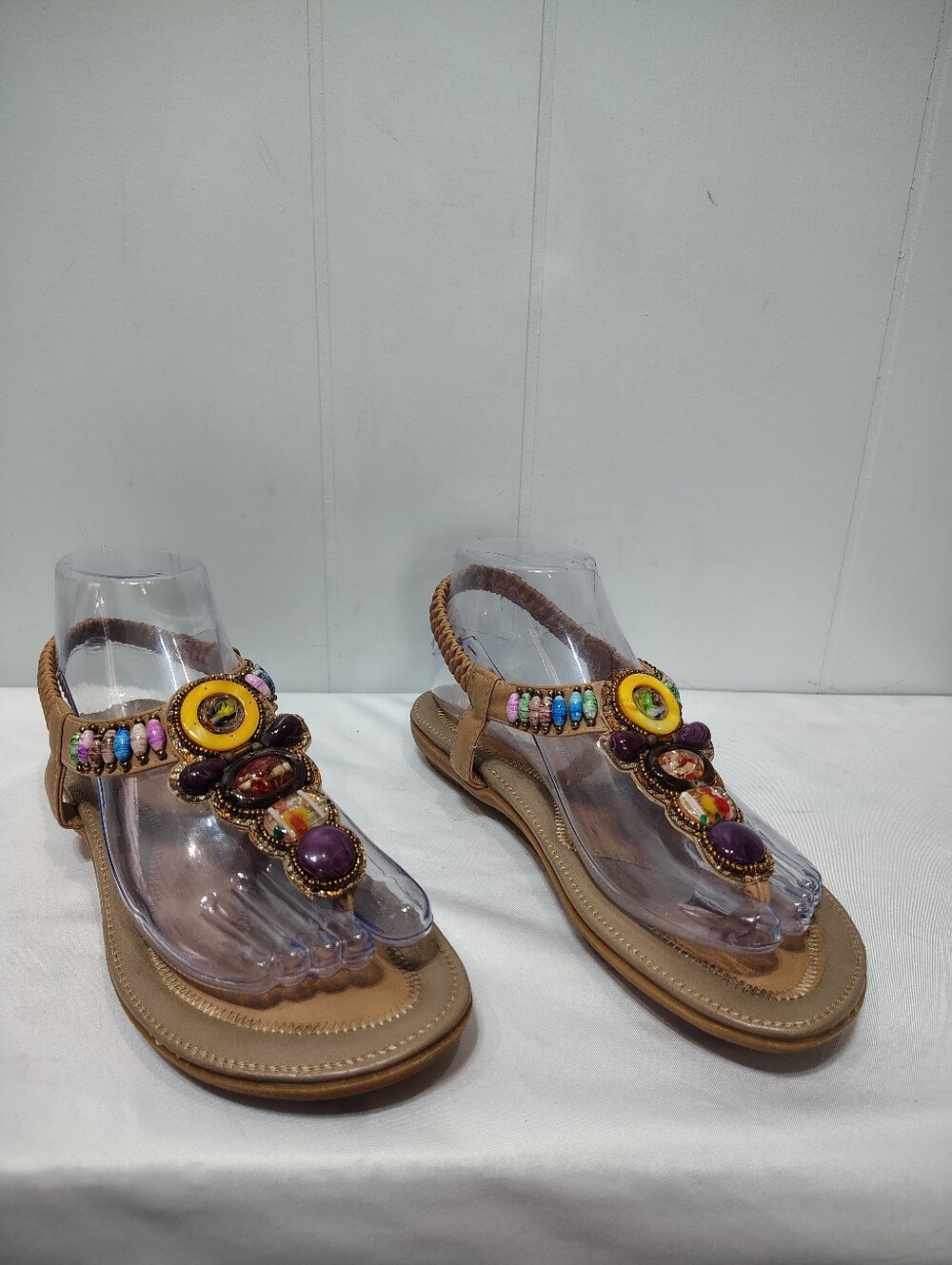 Siketu‎ Sandal Tan size 6.5 37 Bohemian Vacation Beach Jeweled Slingback
